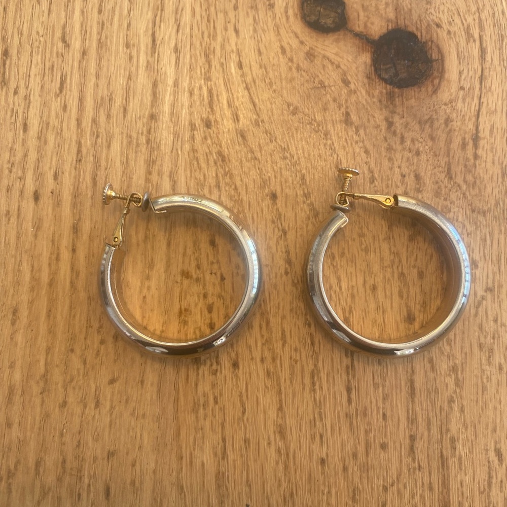 Classic Silver Hoop Earrings with Gold-Tone Clip‎